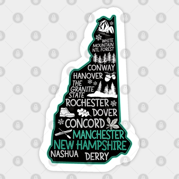 New Hampshire Manchester cute map Conway Hanover Rochester Dover Nashua Derry The Granite State Sticker by BoogieCreates